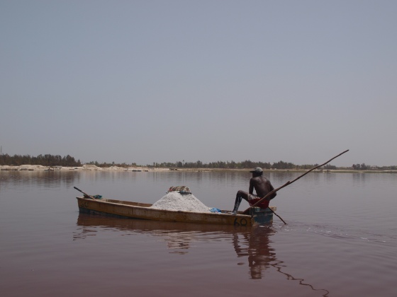 The pink lake (Lac Retba), famous for its colour and salt production.